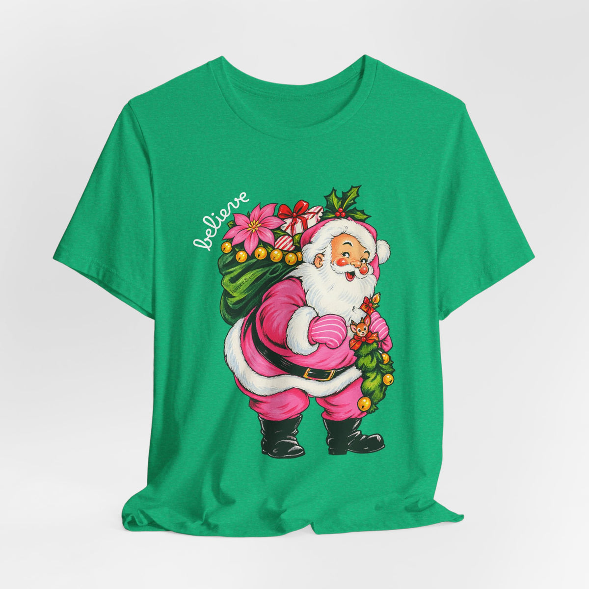 Pink Santa Christmas T-Shirt — Retro Holiday Santa Carrying Poinsettias Tee