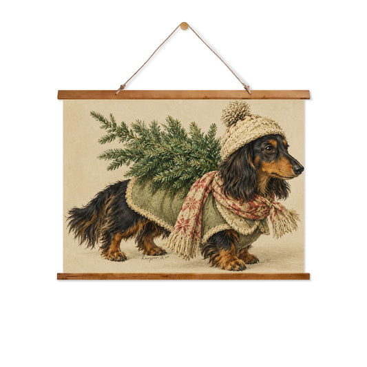 Wood Topped Wall Tapestry – Cozy Christmas Dachshund Carrying Christmas Tree