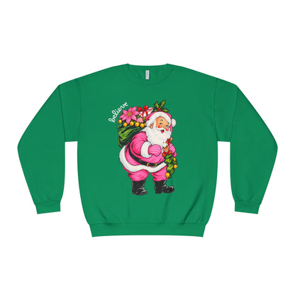 Merry Christmas Pink Santa Believe Crewneck Sweatshirt
