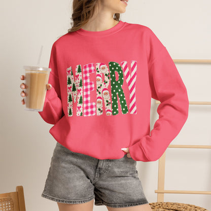 Merry Patchwork Crewneck Sweatshirt — Festive Christmas Plaid & Candy Cane Design