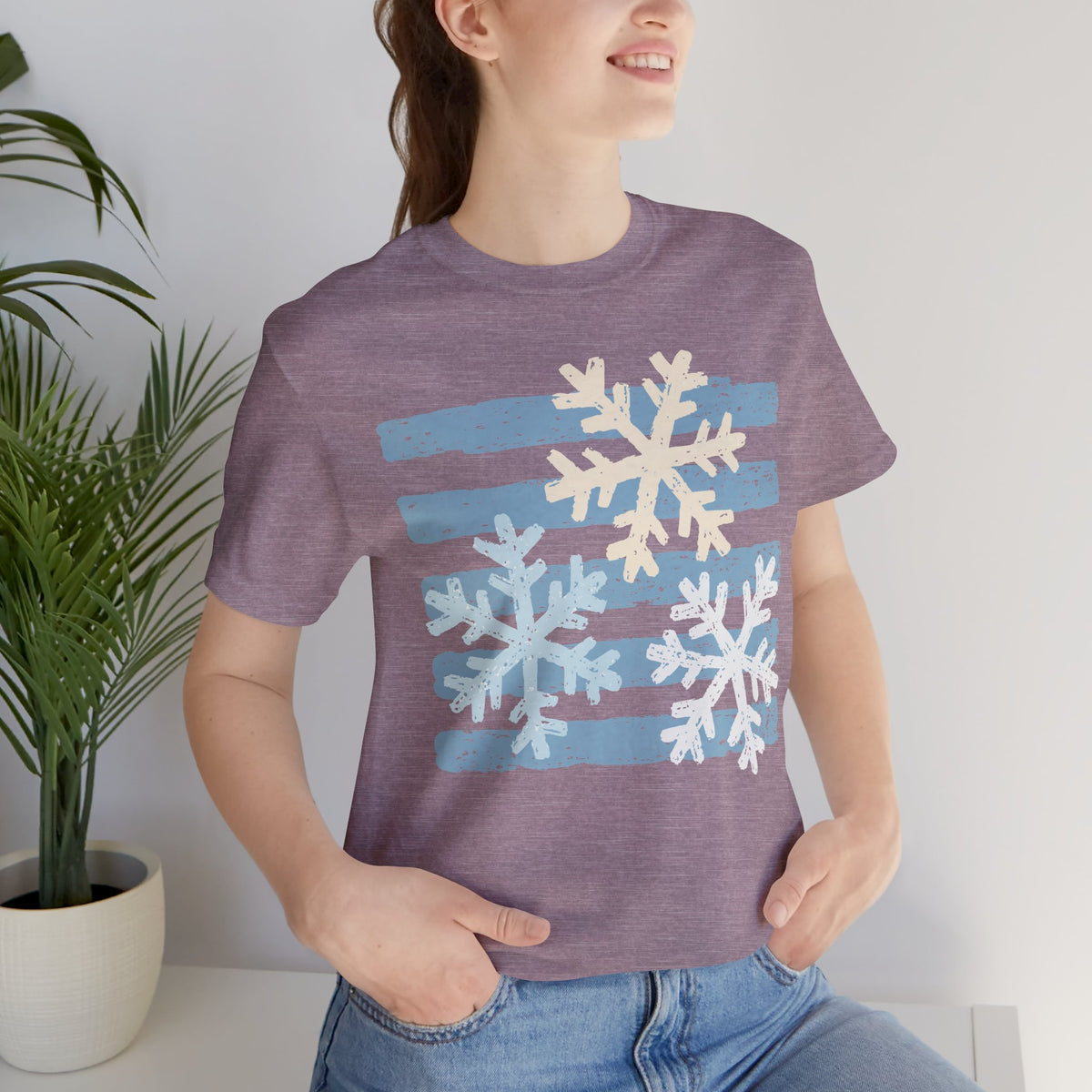 Winter Snowflakes Graphic Tee — Blue Striped Holiday T-Shirt