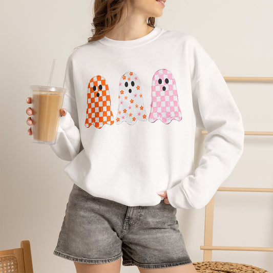Ghost Crewneck Sweatshirt — Cute Checkerboard Halloween Pullover