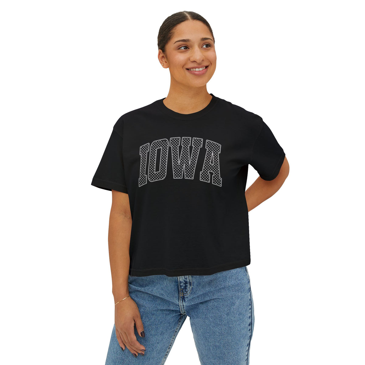 Iowa Boxy Tee — White Dots Women's Cropped College Graphic T-Shirt