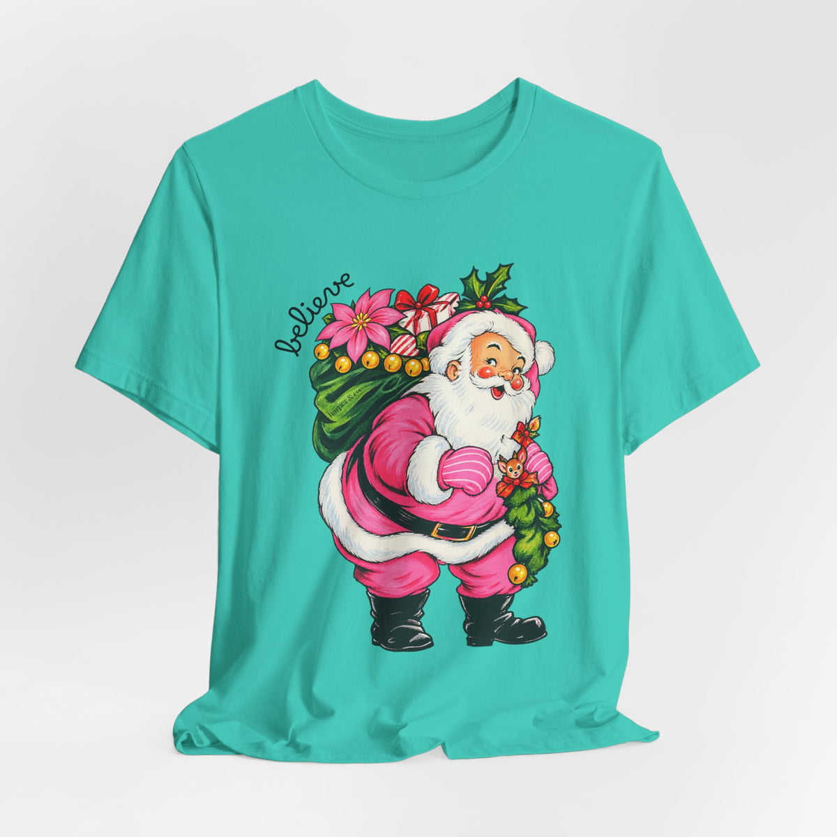 Pink Santa Christmas T-Shirt — Retro Holiday Santa Carrying Poinsettias Tee