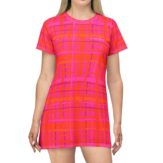 Pink & Orange Plaid T-Shirt Dress — Bright Plaid Summer Dress