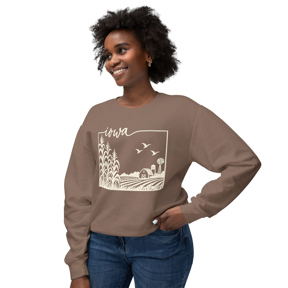 Iowa Farm Scene Crewneck Sweatshirt — Minimal Midwest Landscape