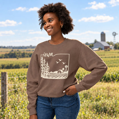 Iowa Farm Scene Crewneck Sweatshirt — Minimal Midwest Landscape