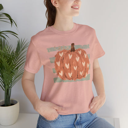 Pumpkin Heart Tee — Rustic Green Striped Autumn Pumpkin T‑Shirt