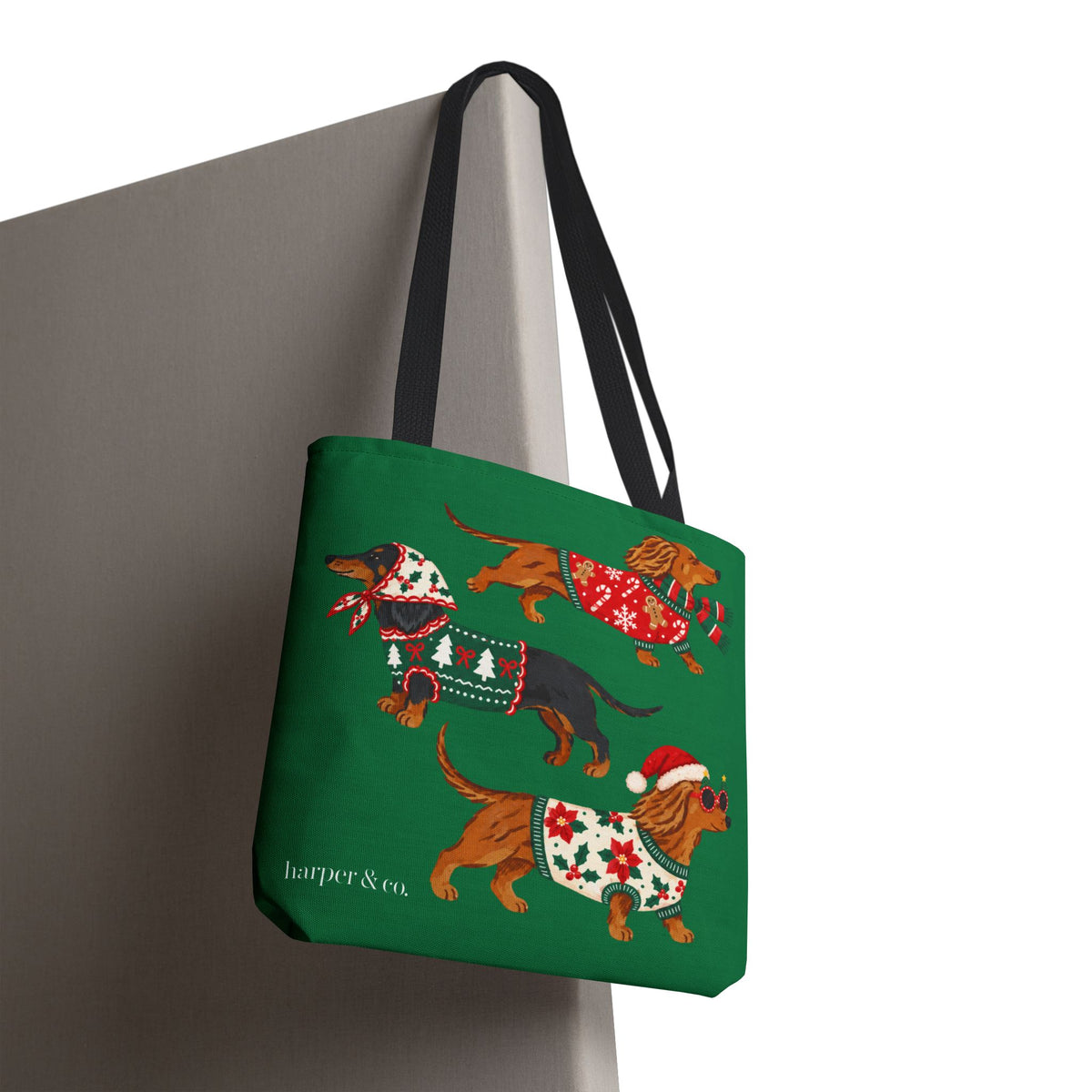 Holiday Dachshund Tote Bag — Christmas Dogs in Festive Sweaters AOP