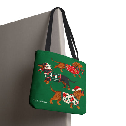 Holiday Dachshund Tote Bag — Christmas Dogs in Festive Sweaters AOP