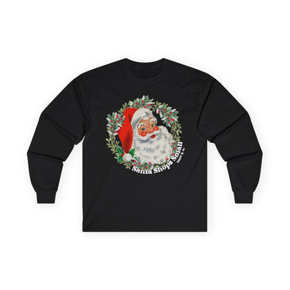 Vintage Santa Wreath Long Sleeve Tee — "Santa Shops Small" Christmas Shirt