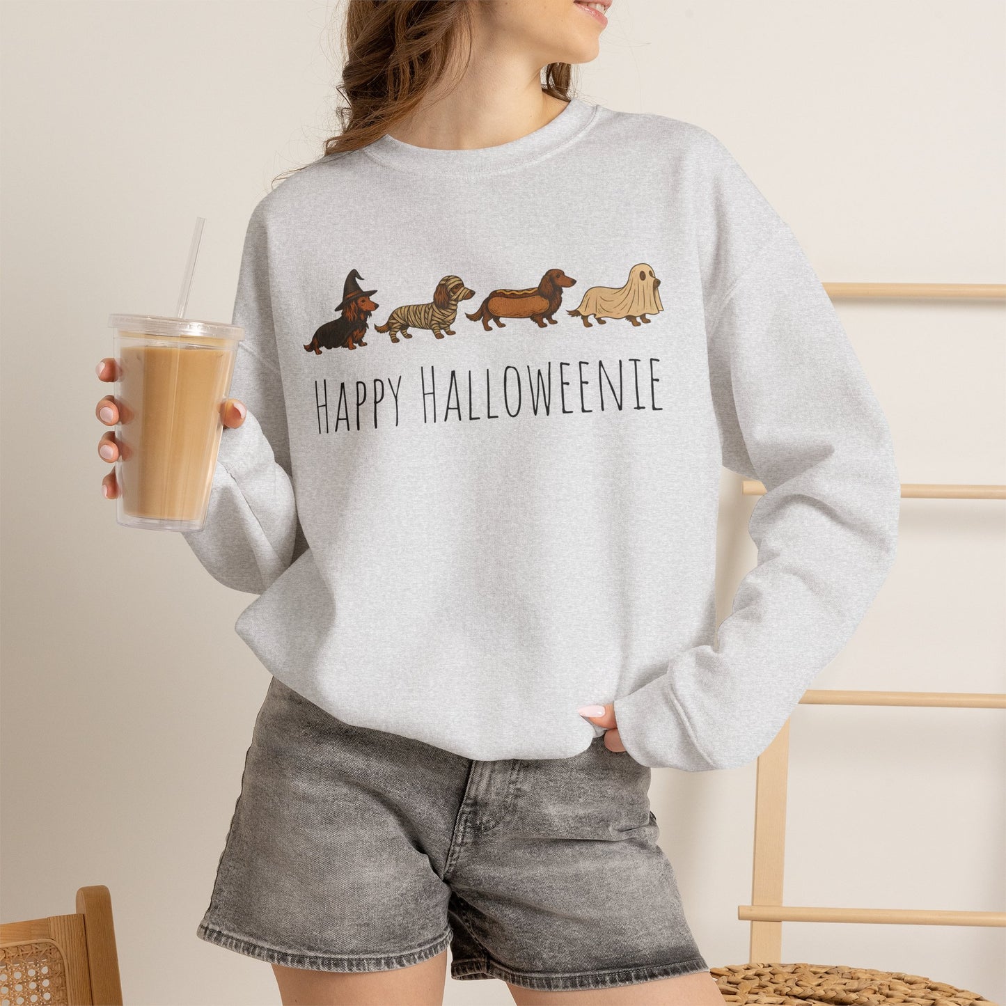 Halloween Dachshund Sweatshirt — "Happy Halloweenie" Cute Halloween Dog Crewneck