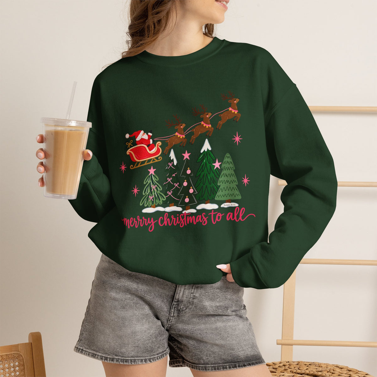 Christmas Crewneck Sweatshirt — "Merry Christmas to All" Santa & Reindeer Holiday Sweatshirt