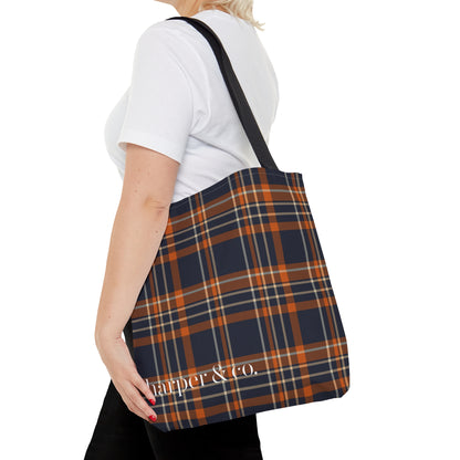 Navy Orange Plaid Tote Bag