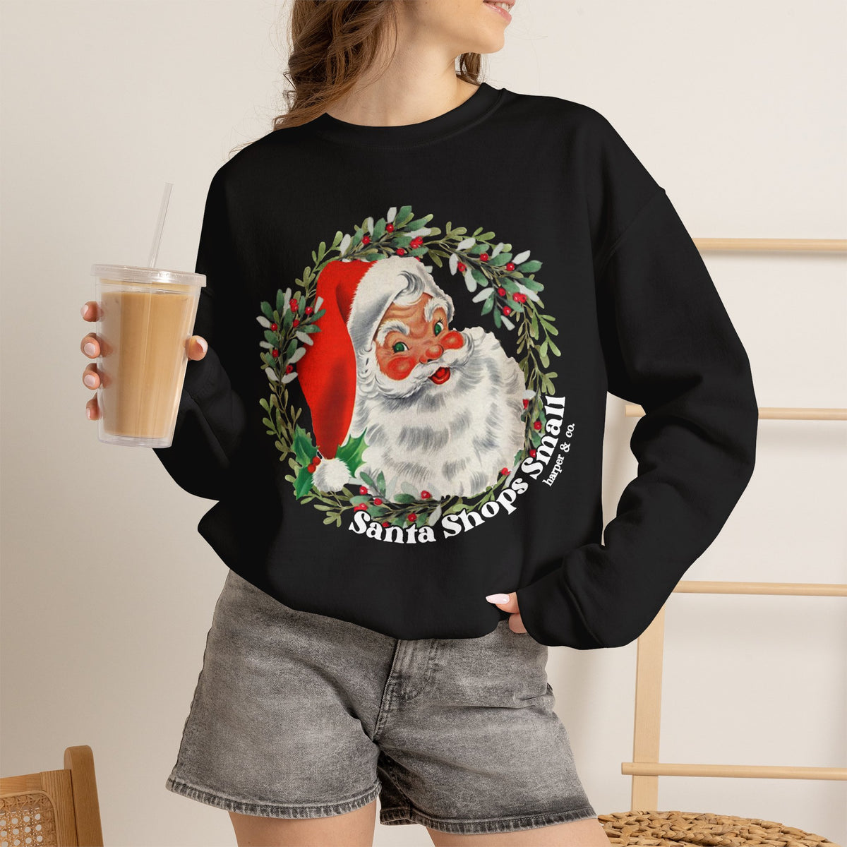 Santa Shops Here Sweatshirt — Vintage Santa Wreath Christmas Heavy Weight Crewneck