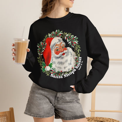 Santa Shops Here Sweatshirt — Vintage Santa Wreath Christmas Heavy Weight Crewneck