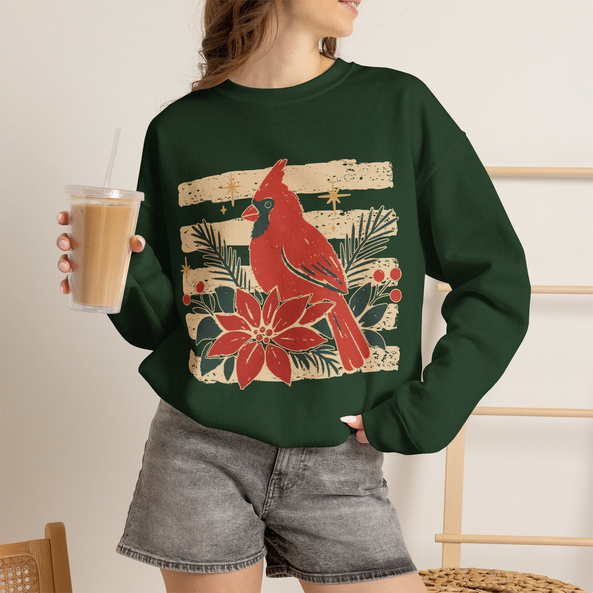 Cardinal Poinsettia Sweatshirt — Festive Winter Crewneck