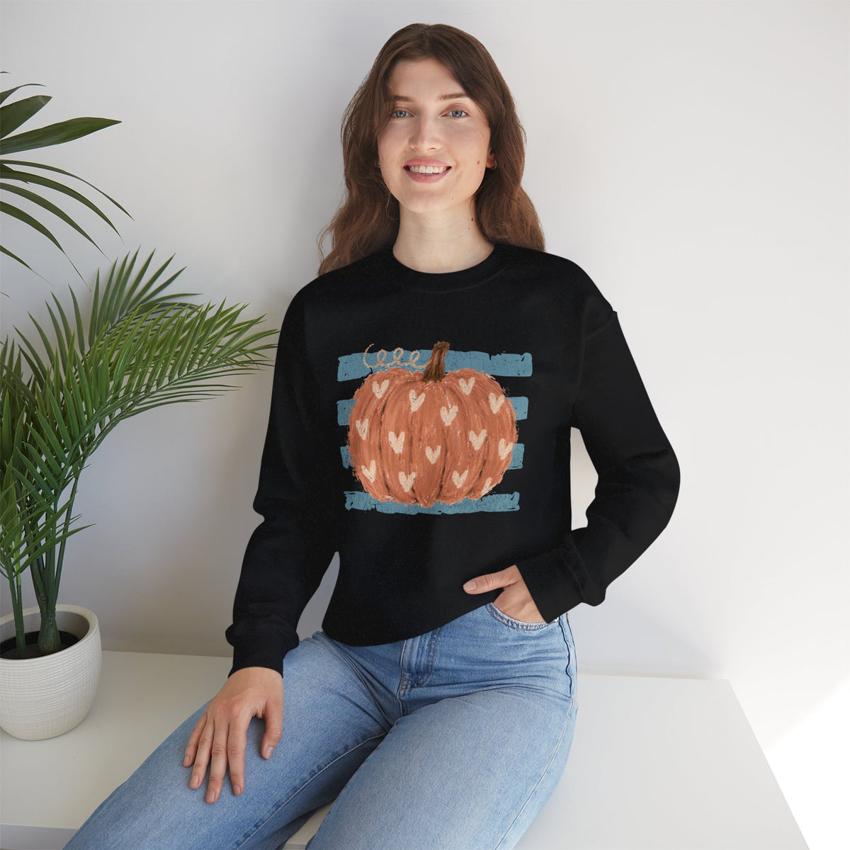 Pumpkin Blue Stripes with Hearts Crewneck Sweatshirt