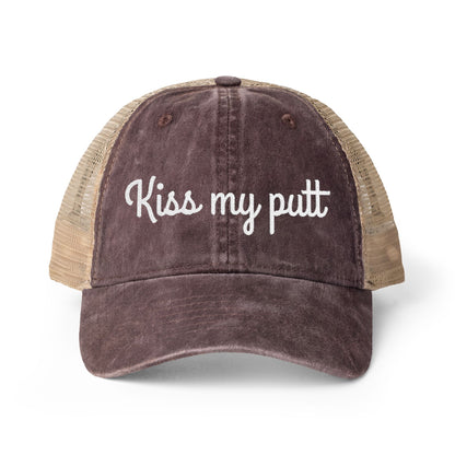 Kiss My Putt Embroidered Women's Washed Mesh-Back Ball Cap