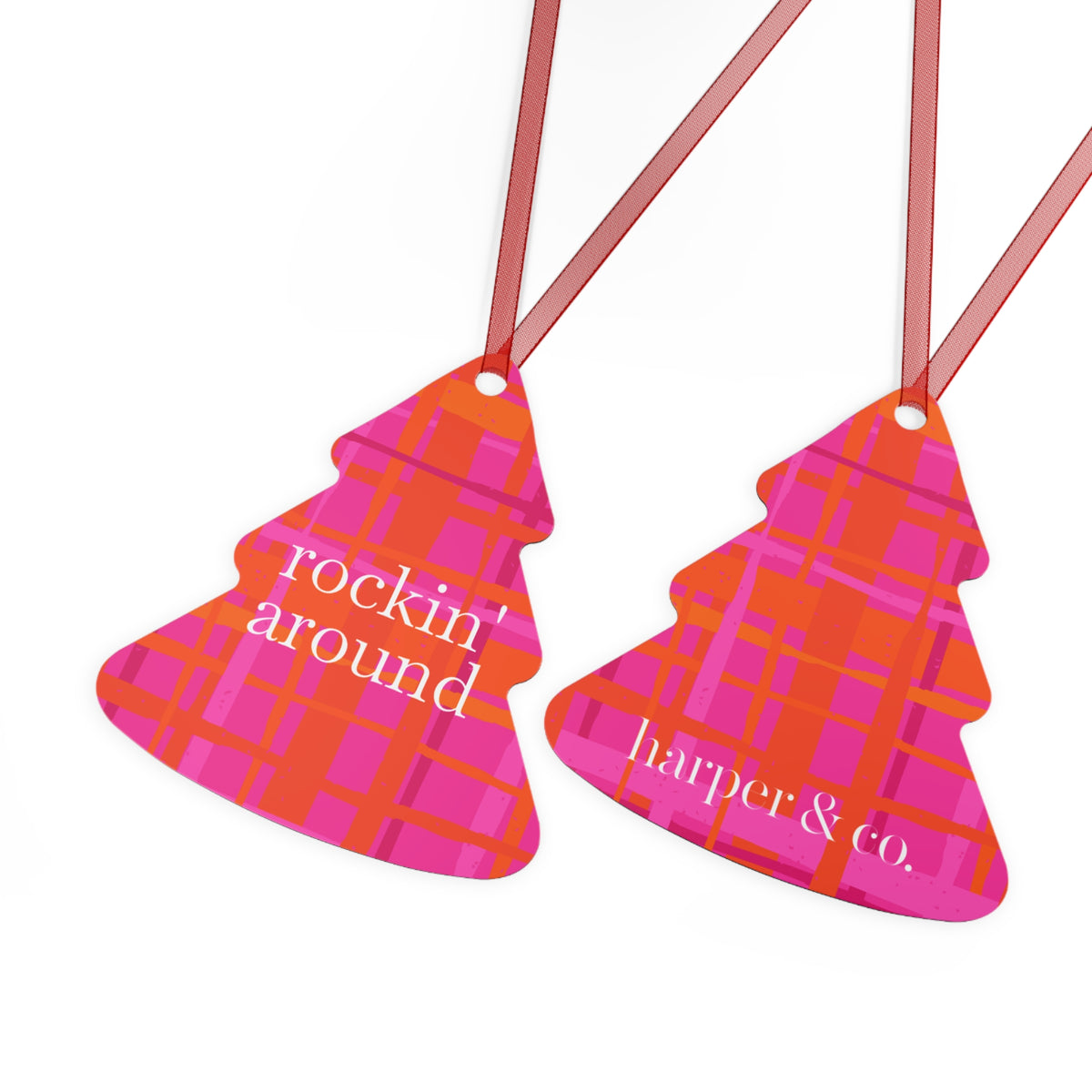 Jingle Bells Pink Plaid Metal Ornament