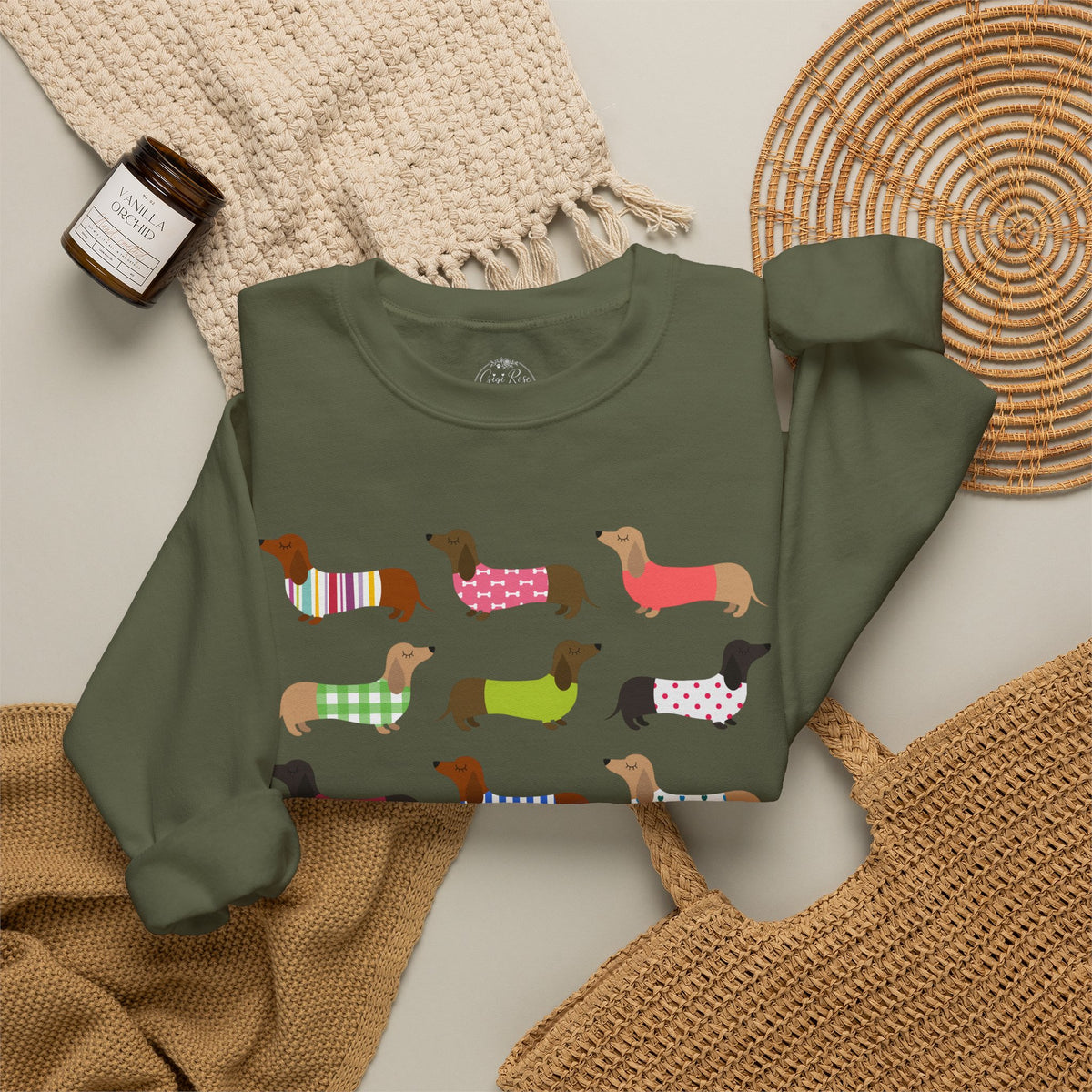 Colorful Dachshund Crewneck Sweatshirt — Vibrant Wiener Dog Design