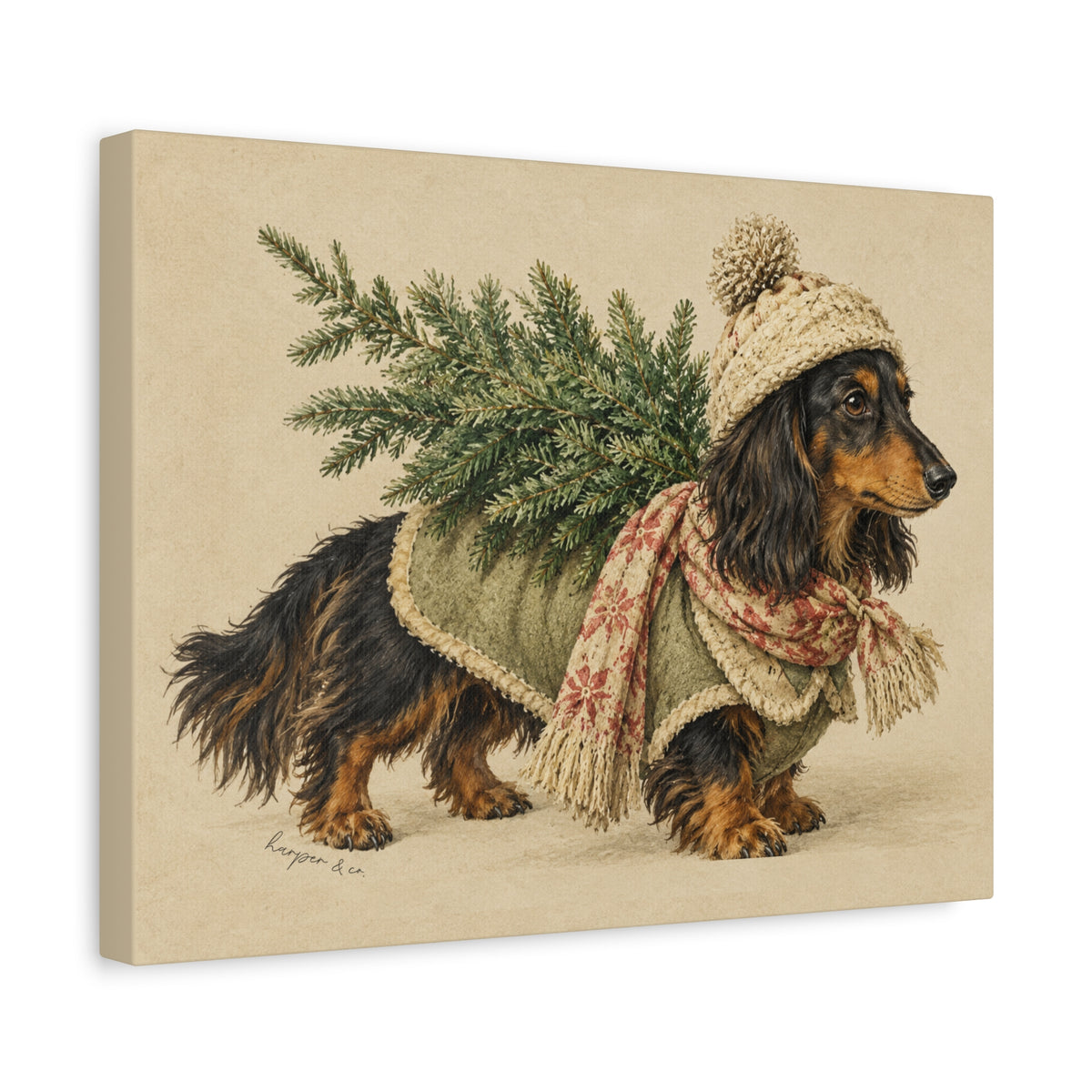 Christmas Dachshund Carrying Tree Canvas Wall Art