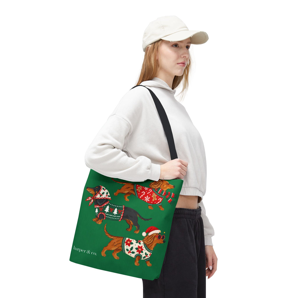 Holiday Dachshund Tote Bag — Christmas Dogs in Festive Sweaters AOP