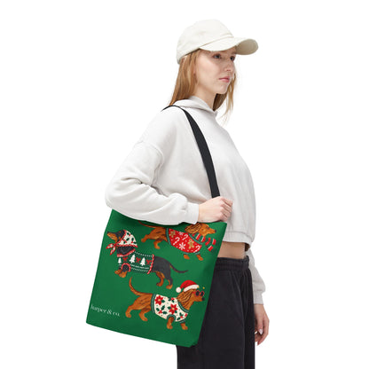 Holiday Dachshund Tote Bag — Christmas Dogs in Festive Sweaters AOP