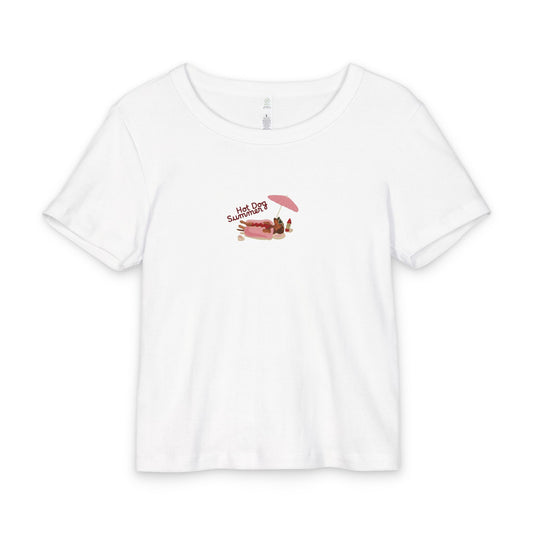 Hot Dog Summer - Organic Rib Baby Tee — Pink Floral Diner Dachshund Weenie Dog Graphic