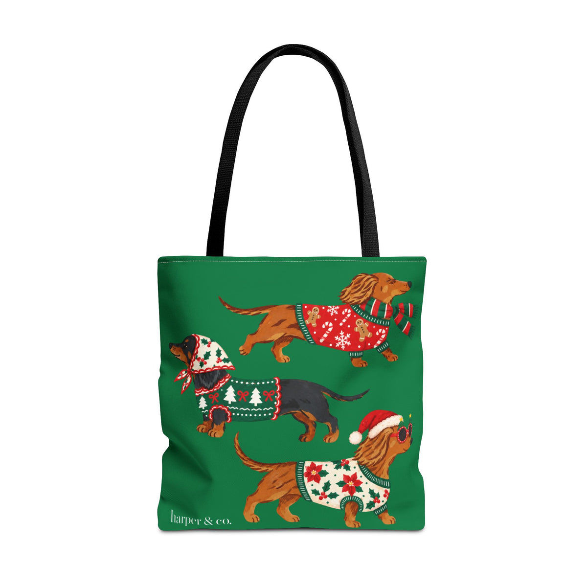 Holiday Dachshund Tote Bag — Christmas Dogs in Festive Sweaters AOP