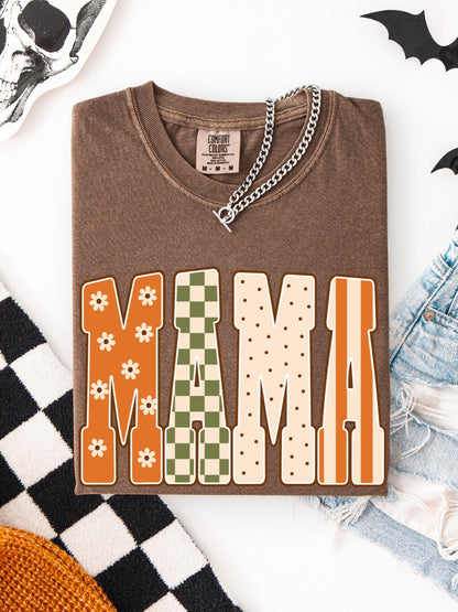 Retro MAMA Fall Floral Checkered Comfort Colors Graphic Tee