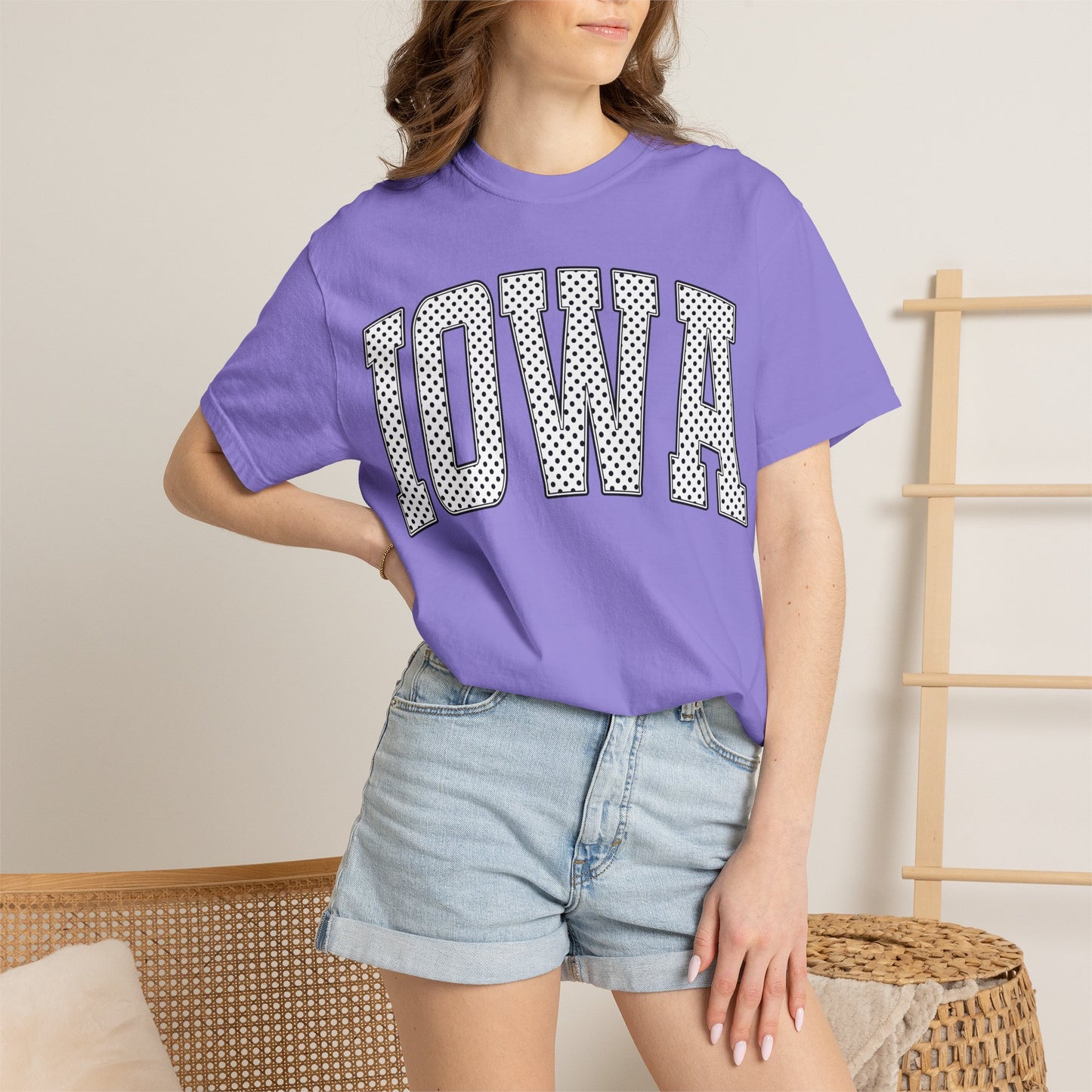 Iowa Retro Polka Dot Mesh Lettering Color Comfort T-Shirt