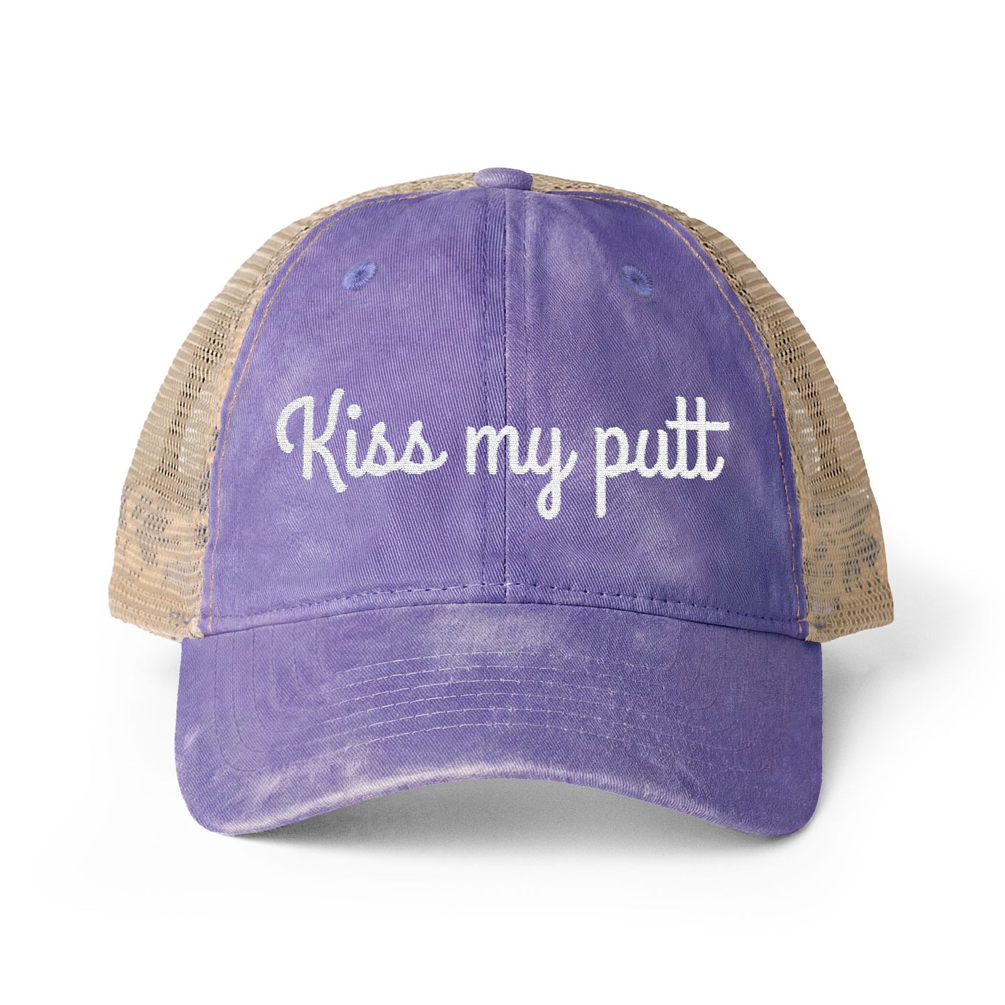 Kiss My Putt Embroidered Women's Washed Mesh-Back Ball Cap