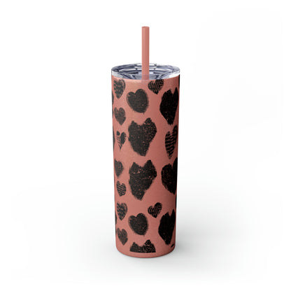 Black Heart Skinny Tumbler with Straw, 20oz