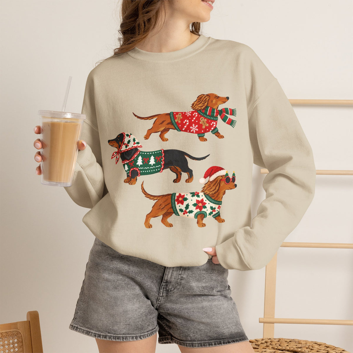 Dachshund Trio Christmas Sweatshirt – Festive Wiener Dogs in Holiday Sweaters
