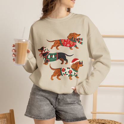 Dachshund Trio Christmas Sweatshirt – Festive Wiener Dogs in Holiday Sweaters