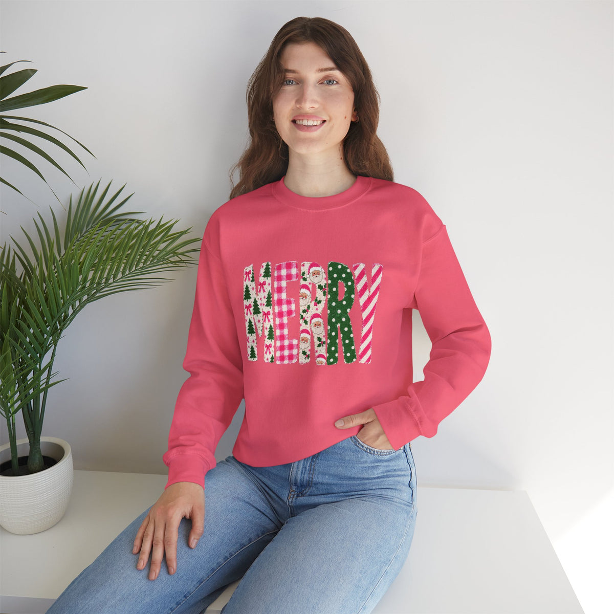 Merry Patchwork Crewneck Sweatshirt — Festive Christmas Plaid & Candy Cane Design