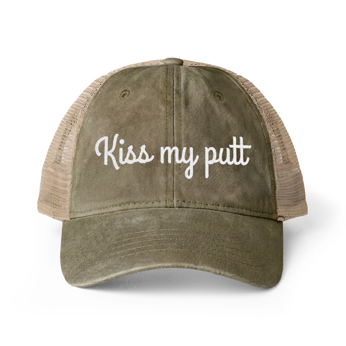 Kiss My Putt Embroidered Women's Washed Mesh-Back Ball Cap