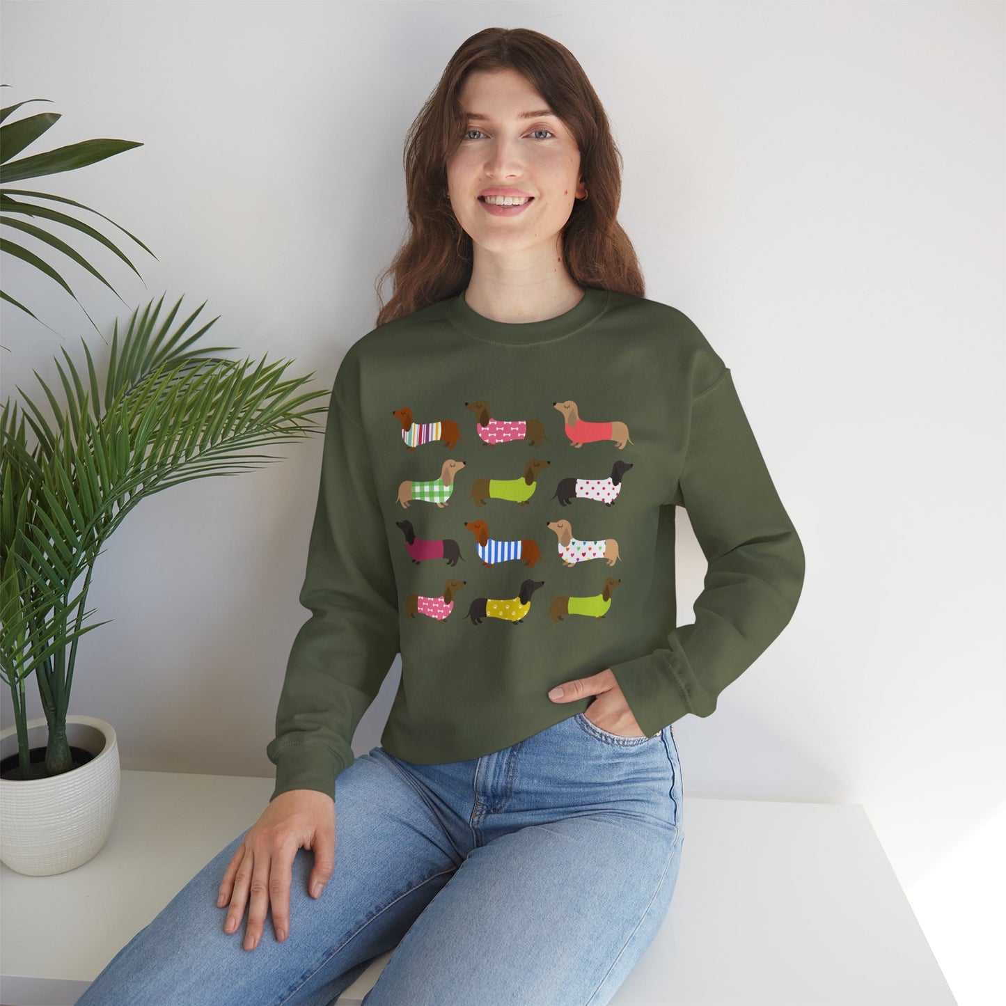 Colorful Dachshund Crewneck Sweatshirt — Vibrant Wiener Dog Design