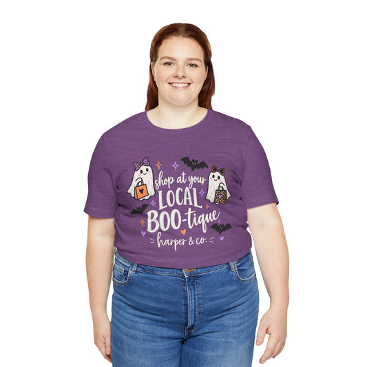 T-Shirt — "Shop at Your Local BOO-tique" Halloween Ghost Boutique Tee