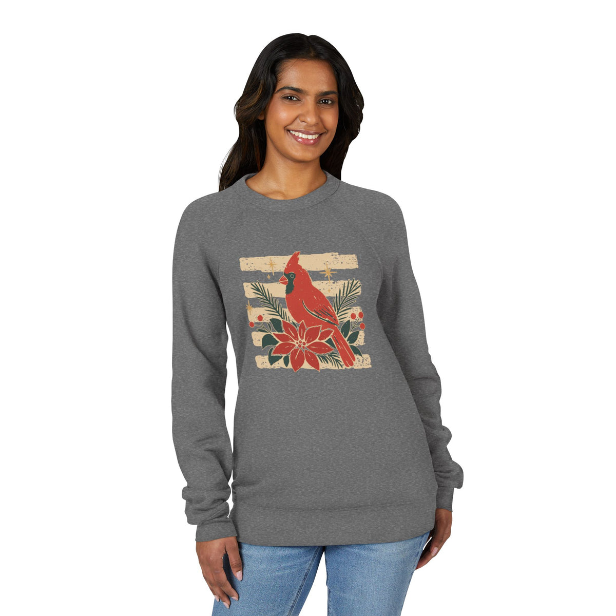 Cardinal & Poinsettia Sweatshirt - Vintage Holiday Bird Crewneck