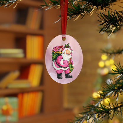 Pink Santa Christmas Metal Ornament