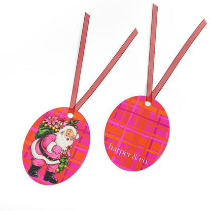 Jingle Bells Pink Plaid Metal Ornament