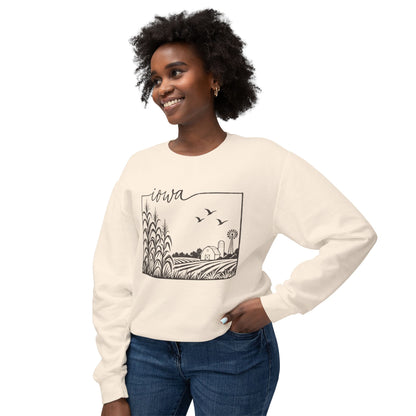 Iowa Farm Scene Crewneck Sweatshirt — Minimal Midwest Landscape
