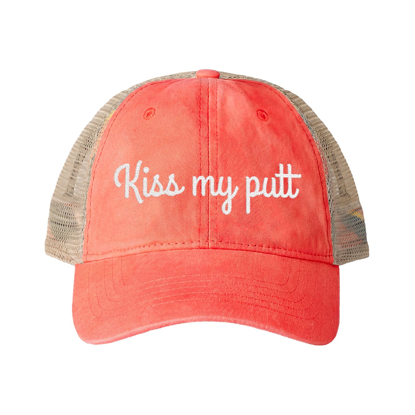 Kiss My Putt Embroidered Women's Washed Mesh-Back Ball Cap
