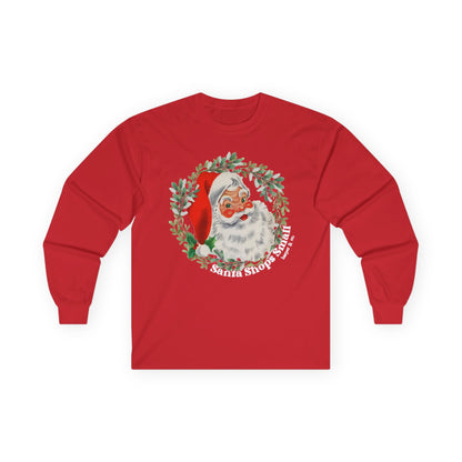 Vintage Santa Wreath Long Sleeve Tee — "Santa Shops Small" Christmas Shirt