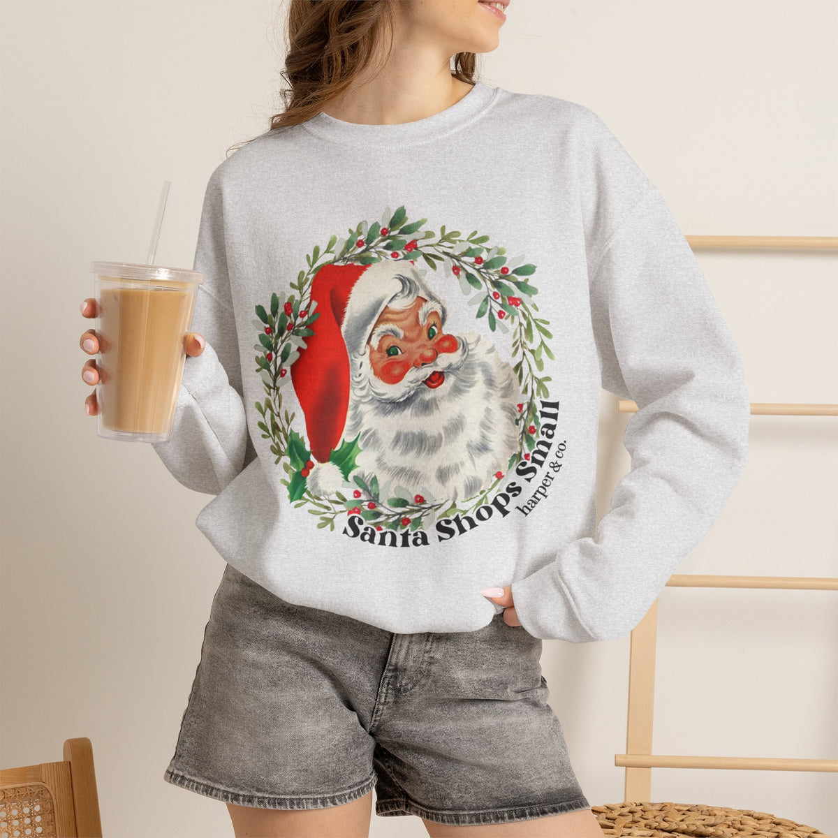 Santa Shops Here Sweatshirt — Vintage Santa Wreath Christmas Heavy Weight Crewneck