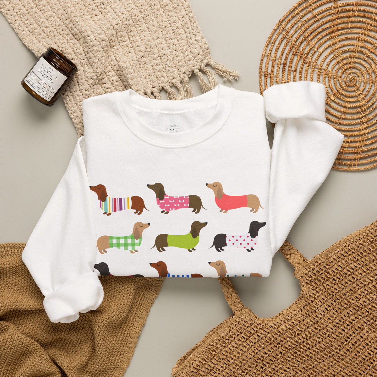 Colorful Dachshund Crewneck Sweatshirt — Vibrant Wiener Dog Design