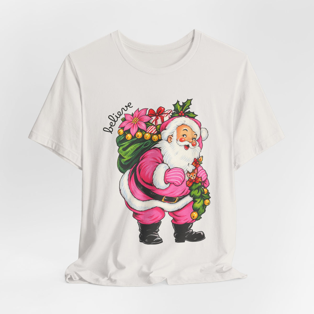 Pink Santa Christmas T-Shirt — Retro Holiday Santa Carrying Poinsettias Tee