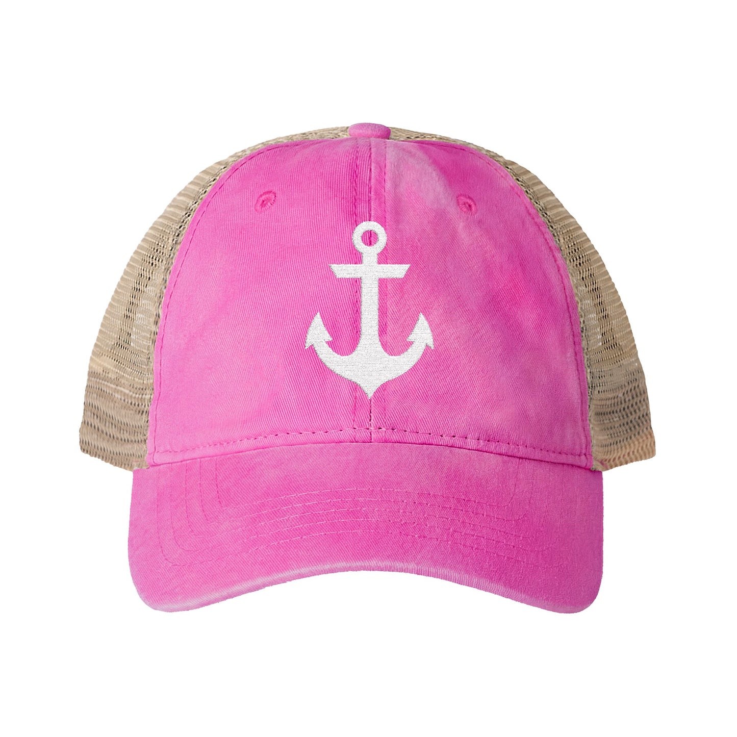 White Anchor Embroidered Women's Washed Mesh-Back Ball Cap